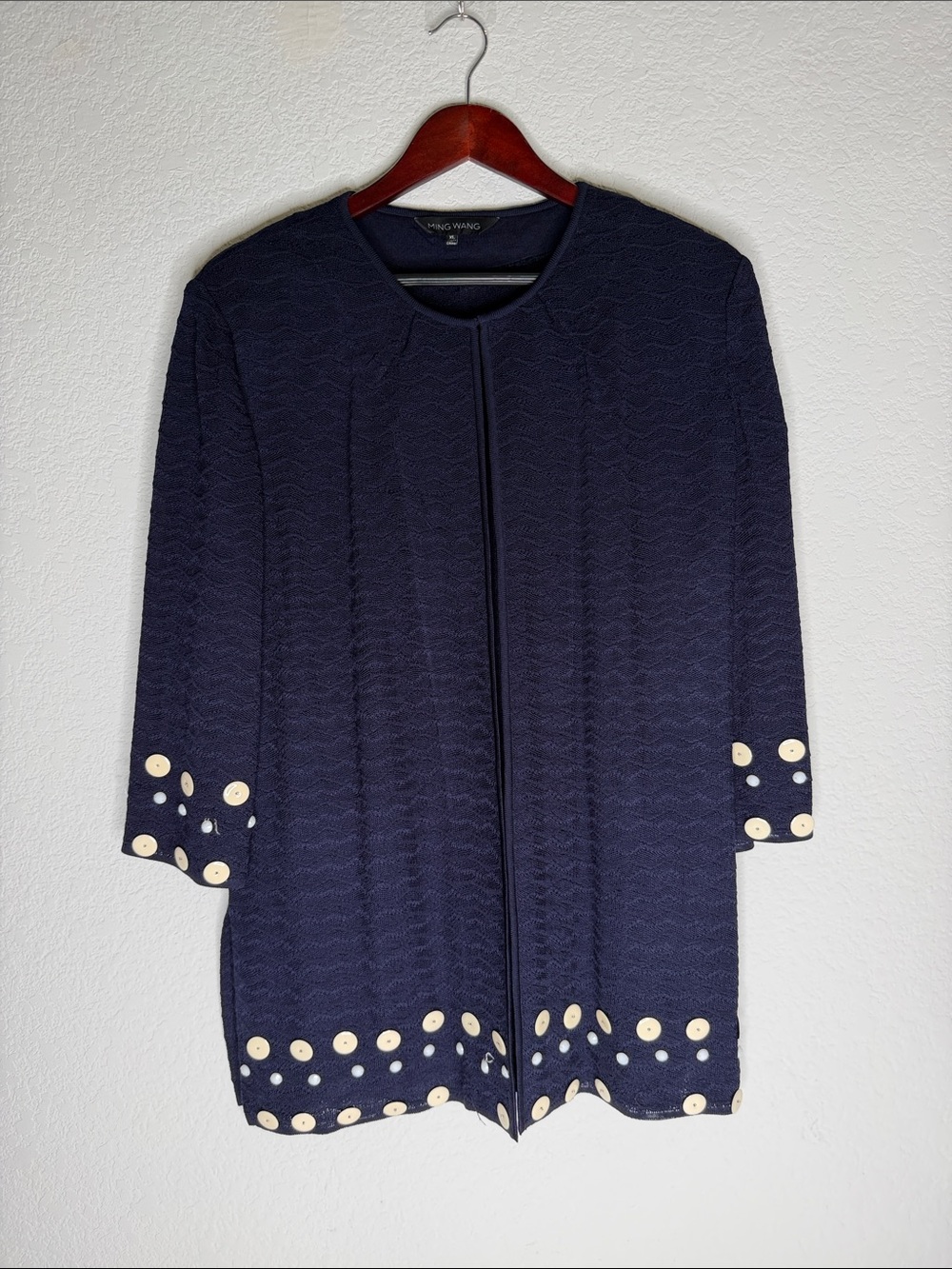 Ming Wang Navy Textured Open Cardigan with Ivory Dot Trim XL